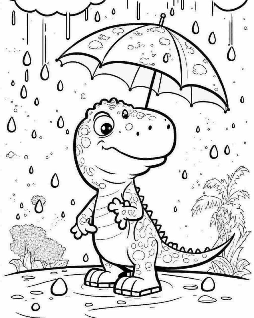 baby t-rex playing in rain coloring page