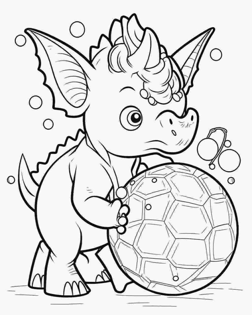 Baby triceratops playing with ball coloring page
