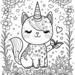 Cat unicorn flowers coloring page
