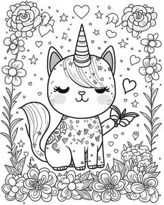 Cat unicorn flowers coloring page