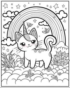 Cat unicorn rainbow coloring page