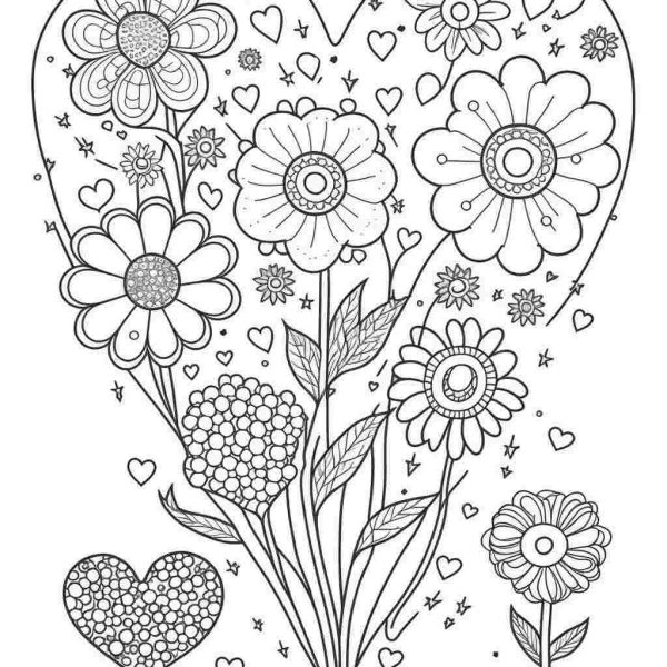 Flowers and Hearts Coloring Page