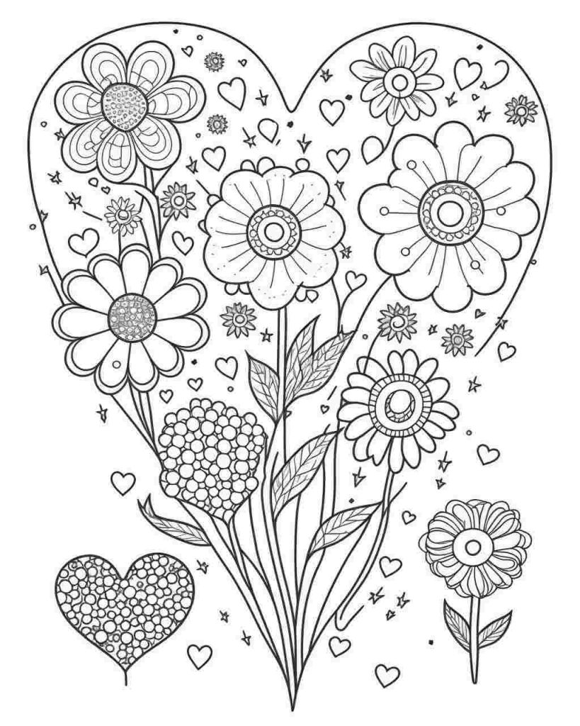 Coloring page hearts and flowers