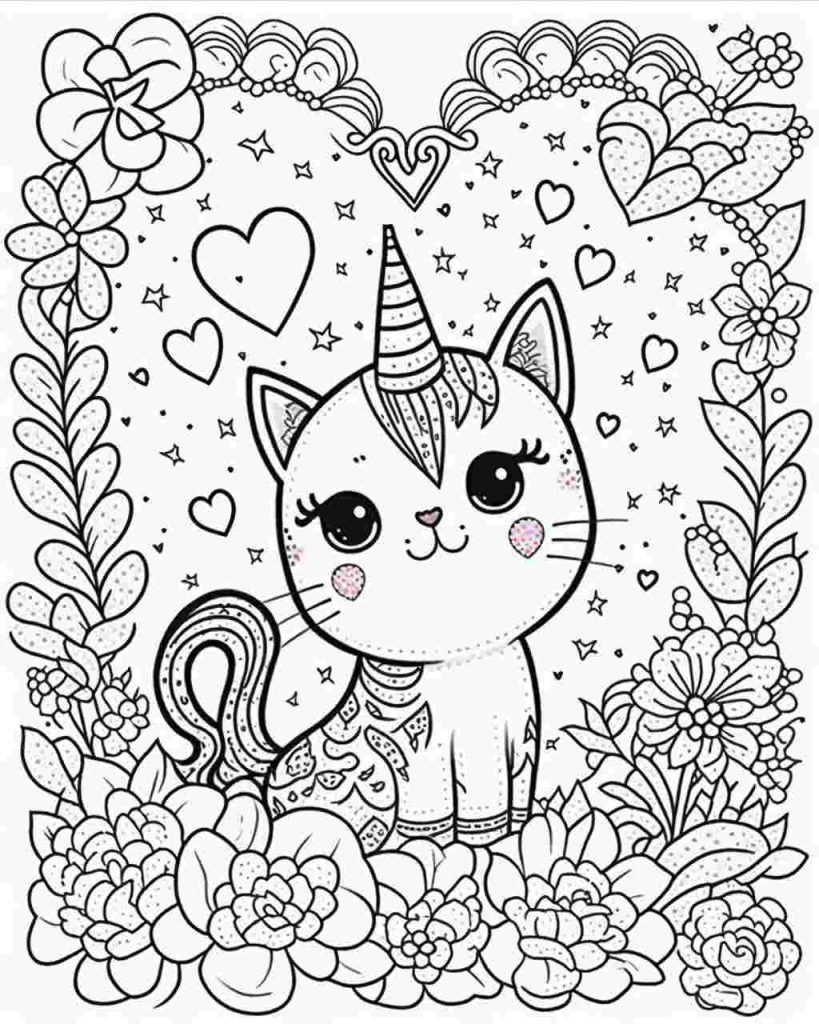 Cute cat unicorn in flowers coloring-page