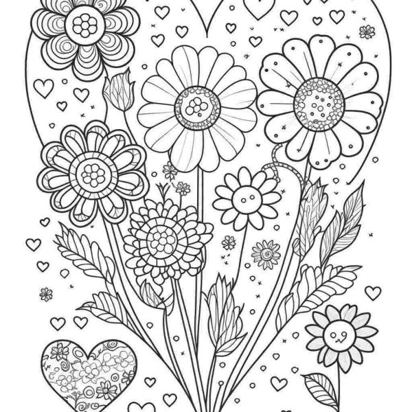 Hearts and flowers coloring page filled with whimsical designs