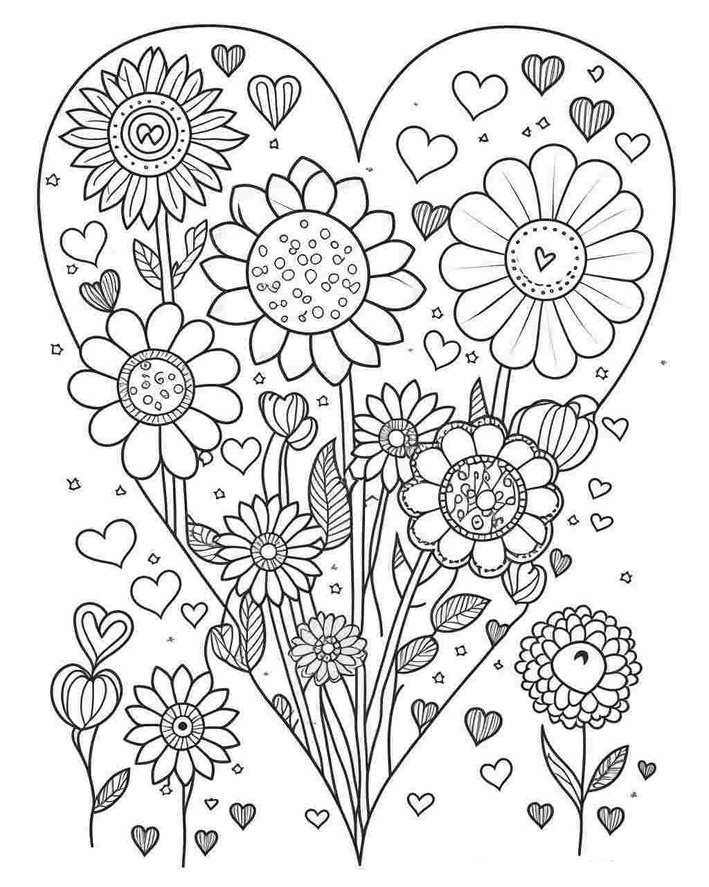Hearts and Flowers Coloring Page 2 - ColoringFunHouse