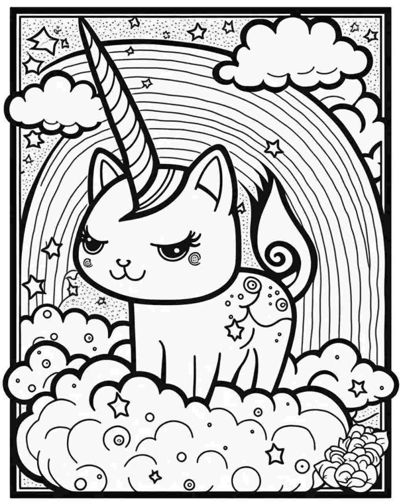Rainbow cat unicorn coloring page